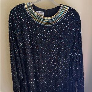 Black Sequin Dress with Multicolor Beaded Collar